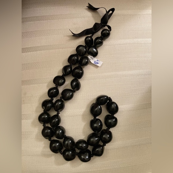 Natural Hawaiian Kukui Nut Necklace; Handknotted on Ribbon; Adjustable - Picture 2 of 5